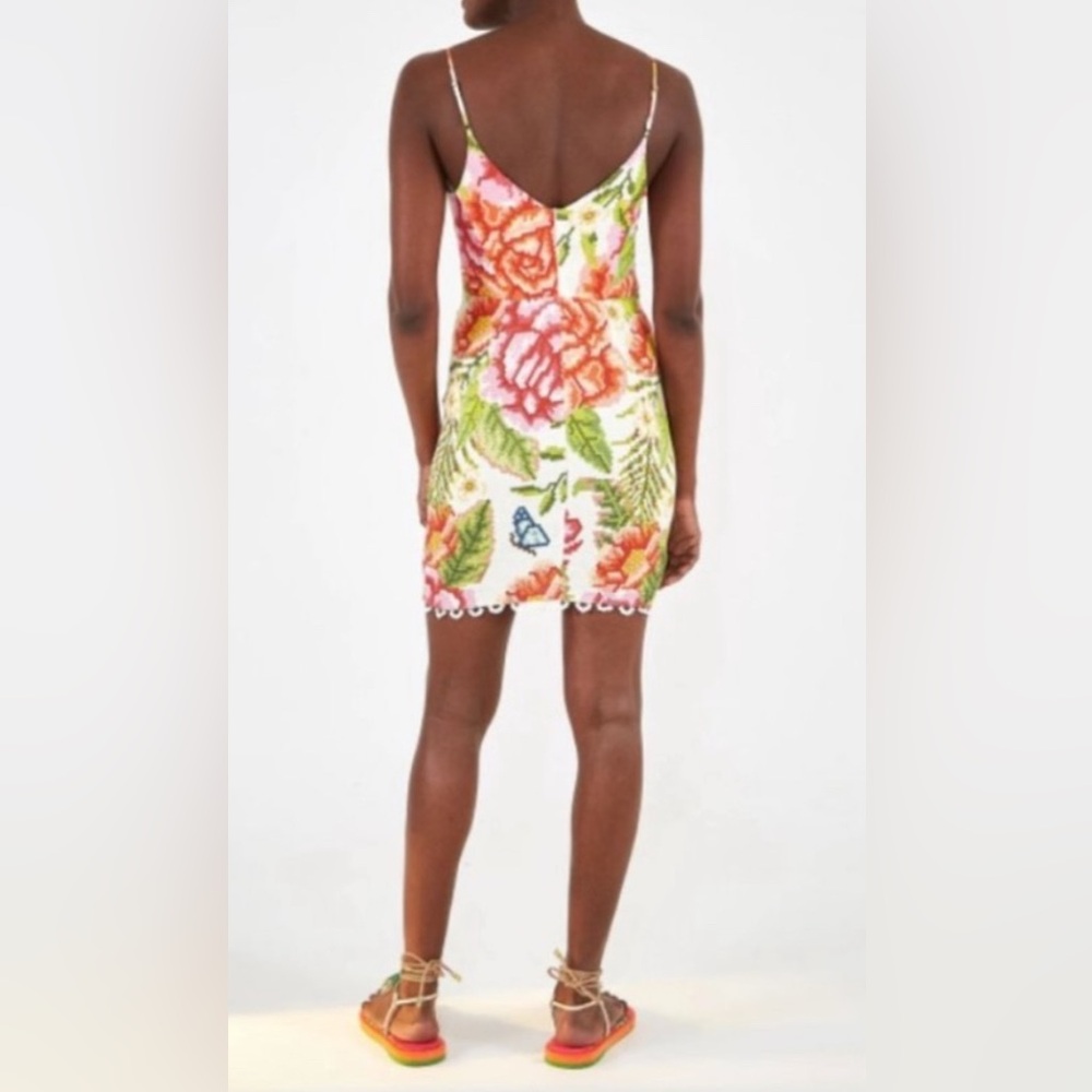 Farm Rio Vintage Floral Roses Adjustable Strap Summer Linen Resort‎ Mini Dress M - Picture 2 of 14